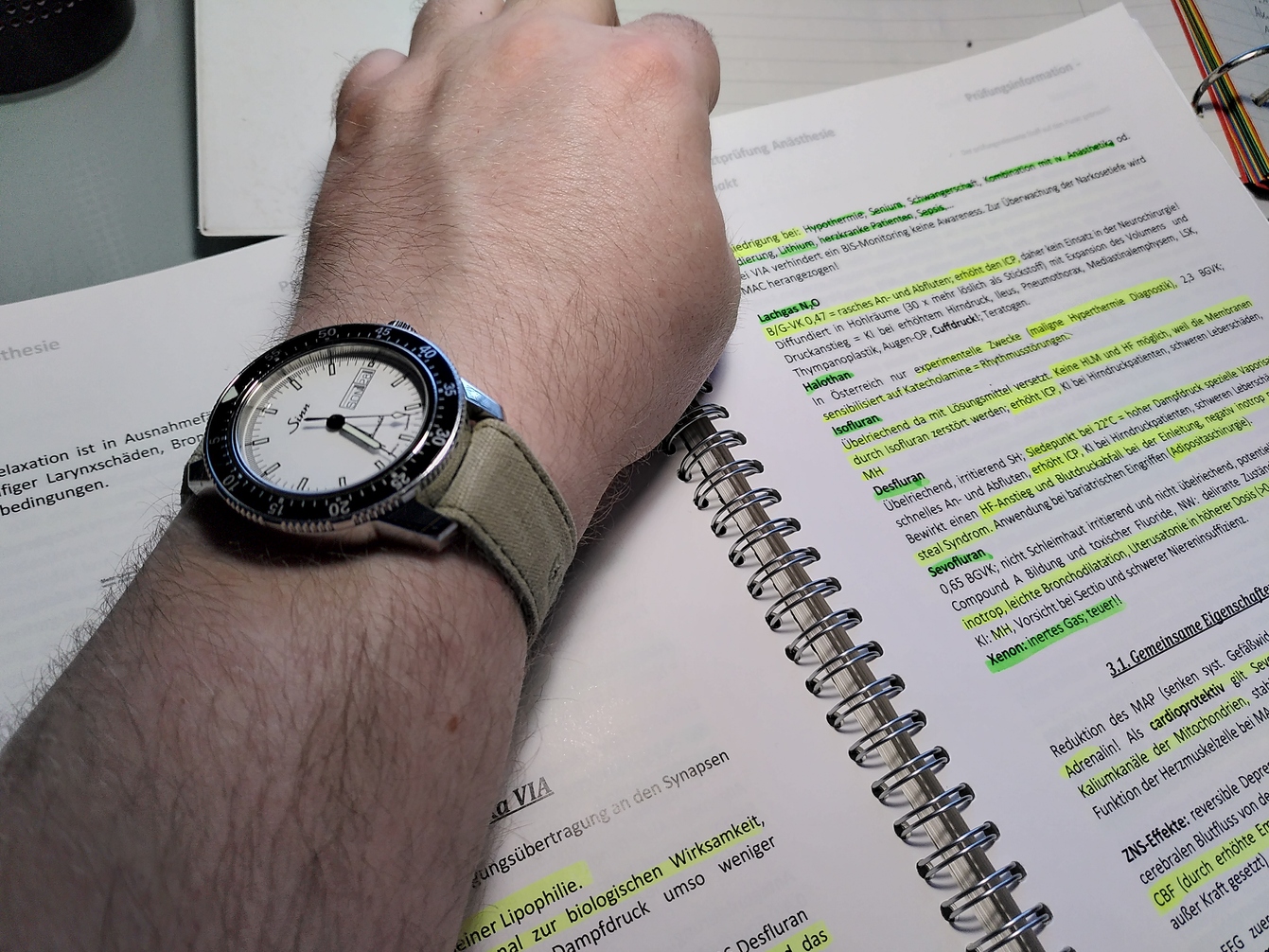 Sinn 104 on a canvas NATO strap while studying for my final specialist examination in Anesthesiology